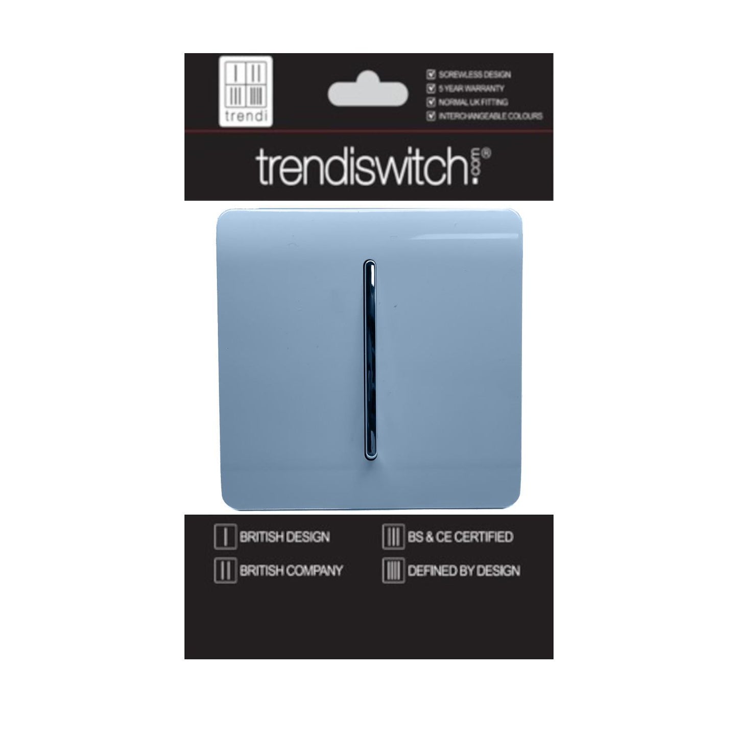 Trendi 1 Gang 2 Way 240V Screwless Artistic Modern Glossy 10 Amp Chrome Rocker Electrical Wall Light Switch in Sky Blue (3 pack)