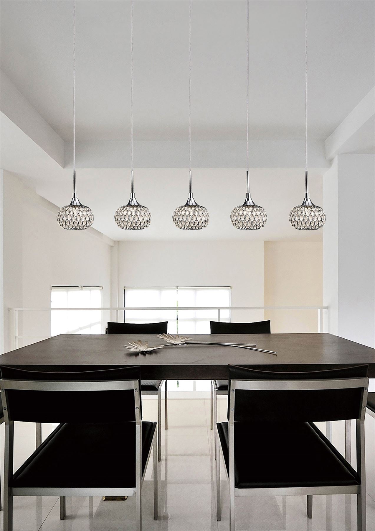 Diyas Chelsie Linear  5 Light G9 Line Polished Chrome/Clear Beaded Glass Ceiling Pendant Light Fitting