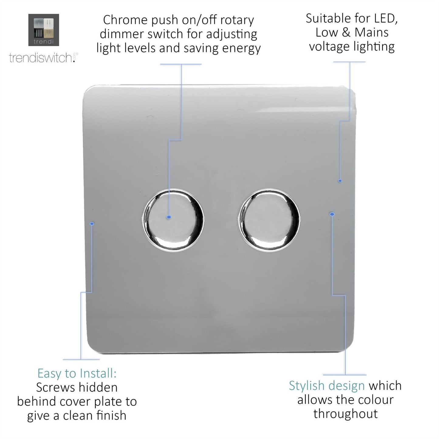 Trendi 2 Gang 2 Way 240V 100w LED Dimmer Screwless Raised Front Plate Plastic Artistic Modern Glossy 10 Amp Chrome Single Electrical Wall Light Switch in Platinum Silver - ART-2LDMSI