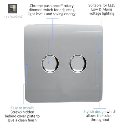 Trendi 2 Gang 2 Way 240V 100w LED Dimmer Screwless Raised Front Plate Plastic Artistic Modern Glossy 10 Amp Chrome Single Electrical Wall Light Switch in Platinum Silver - ART-2LDMSI