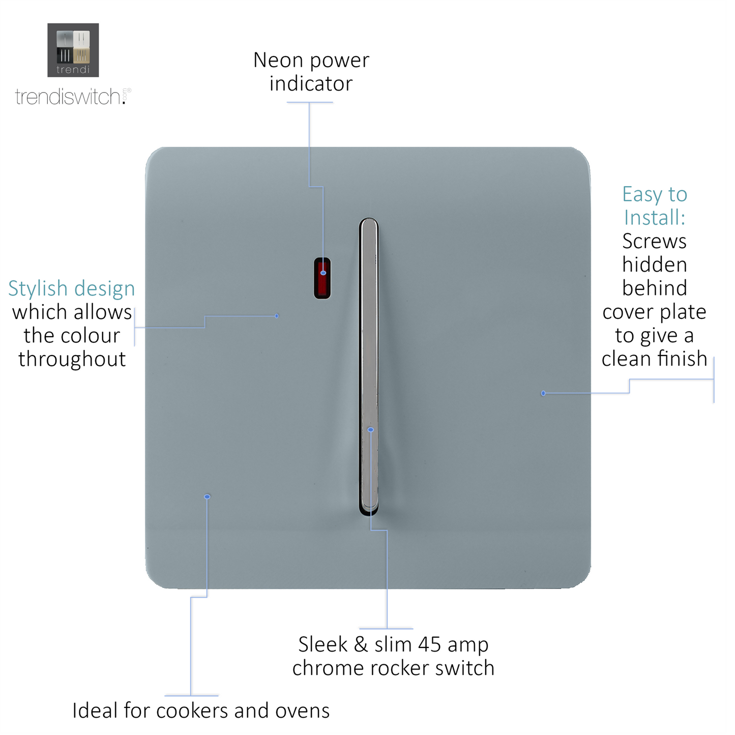 Trendi Artistic Modern Glossy 45 A Tactile Light Switch & Neon Insert Cool Grey