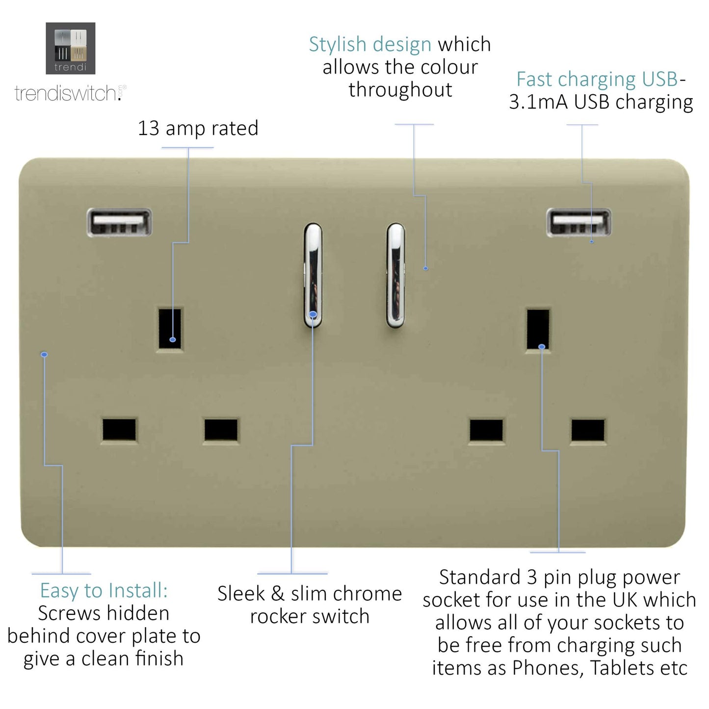 Trendi 2 Gang Artistic Modern Glossy 13 Amp 2 x 3.1mA USB Switched Plug Socket Chapagne Gold