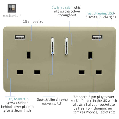 Trendi 2 Gang Artistic Modern Glossy 13 Amp 2 x 3.1mA USB Switched Plug Socket Chapagne Gold