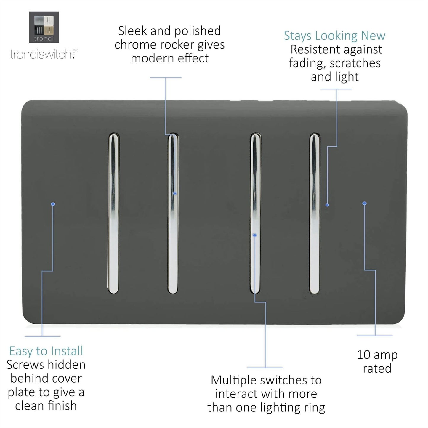 Trendi Artistic Modern Glossy 4 Gang 2 Way  Rocker Double Plate Tactile Light Switch Charcoal