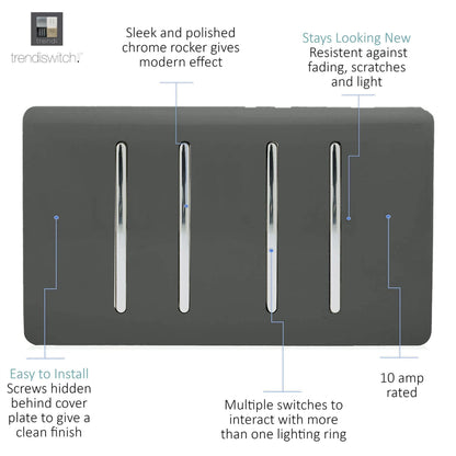 Trendi Artistic Modern Glossy 4 Gang 2 Way  Rocker Double Plate Tactile Light Switch Charcoal