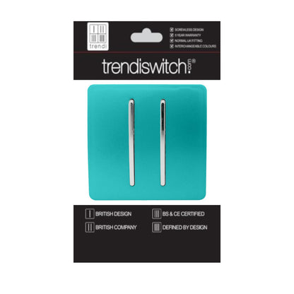 Trendi 2 Gang 2 Way 240V Screwless Artistic Modern Glossy 10 Amp Chrome Rocker Electrical Wall Light Switch in Bright Teal (2 pack)