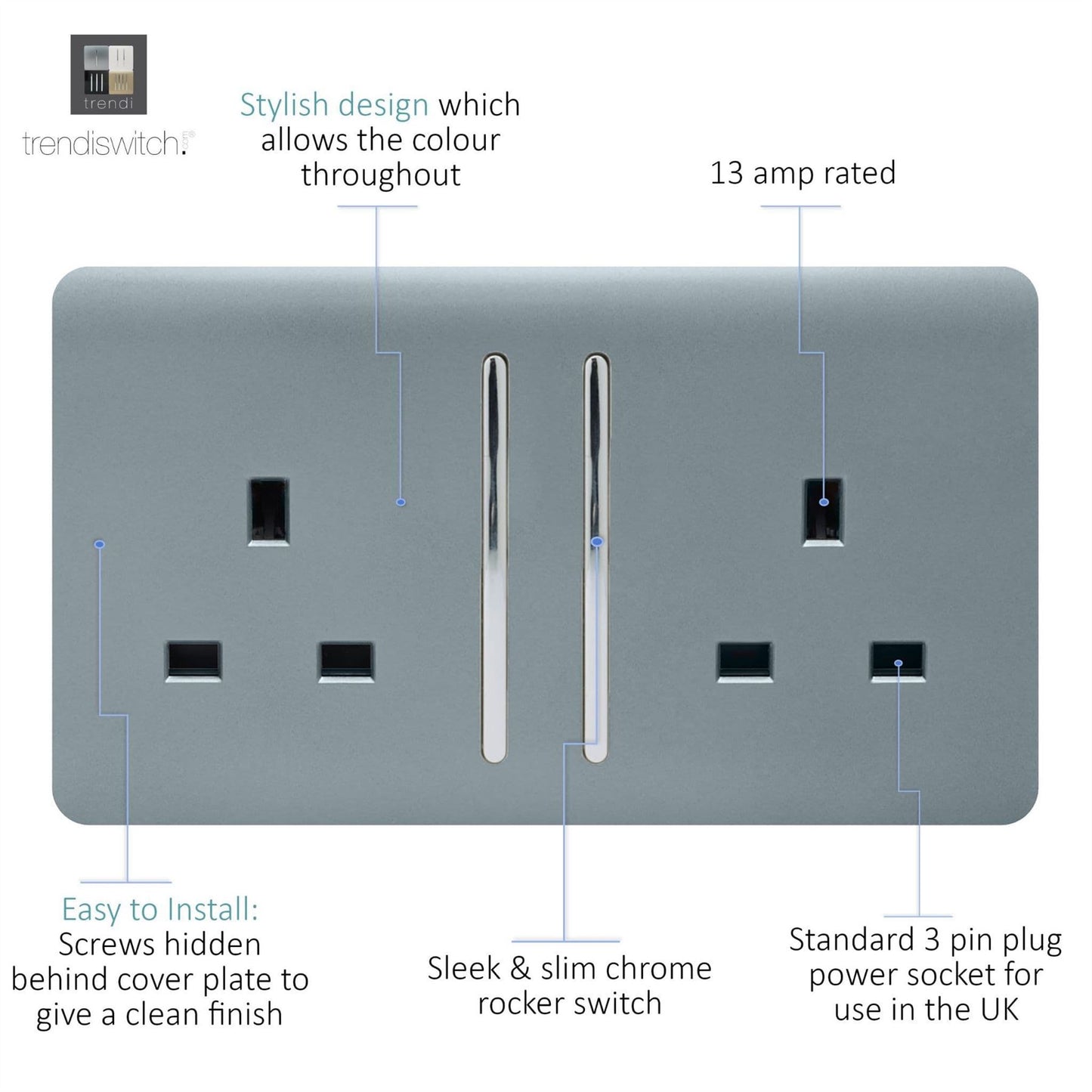 Trendi 2 Gang Raised Artistic Modern Glossy Screwless 13 Amp Single Pole with Chrome Switched UK Standard Electrical Double Wall Plug Socket in Cool Grey - ART-SKT213LCG
