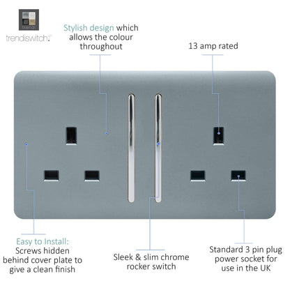 Trendi 2 Gang Raised Artistic Modern Glossy Screwless 13 Amp Single Pole with Chrome Switched UK Standard Electrical Double Wall Plug Socket in Cool Grey - ART-SKT213LCG