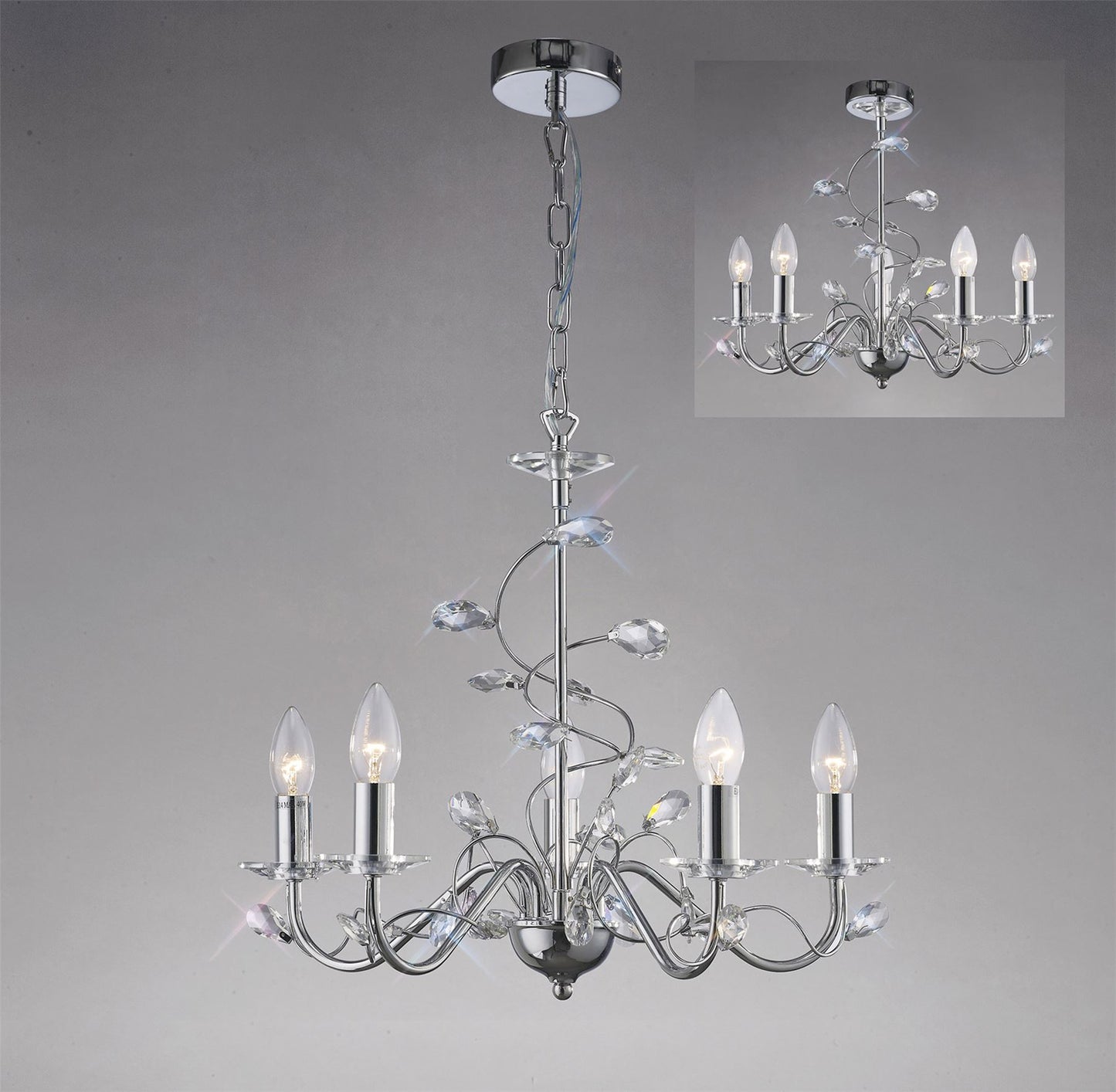 Diyas Willow 50cm  WITHOUT SHADE 5 Light E14 Polished Chrome/Crystal Ceiling Pendant Light Fitting