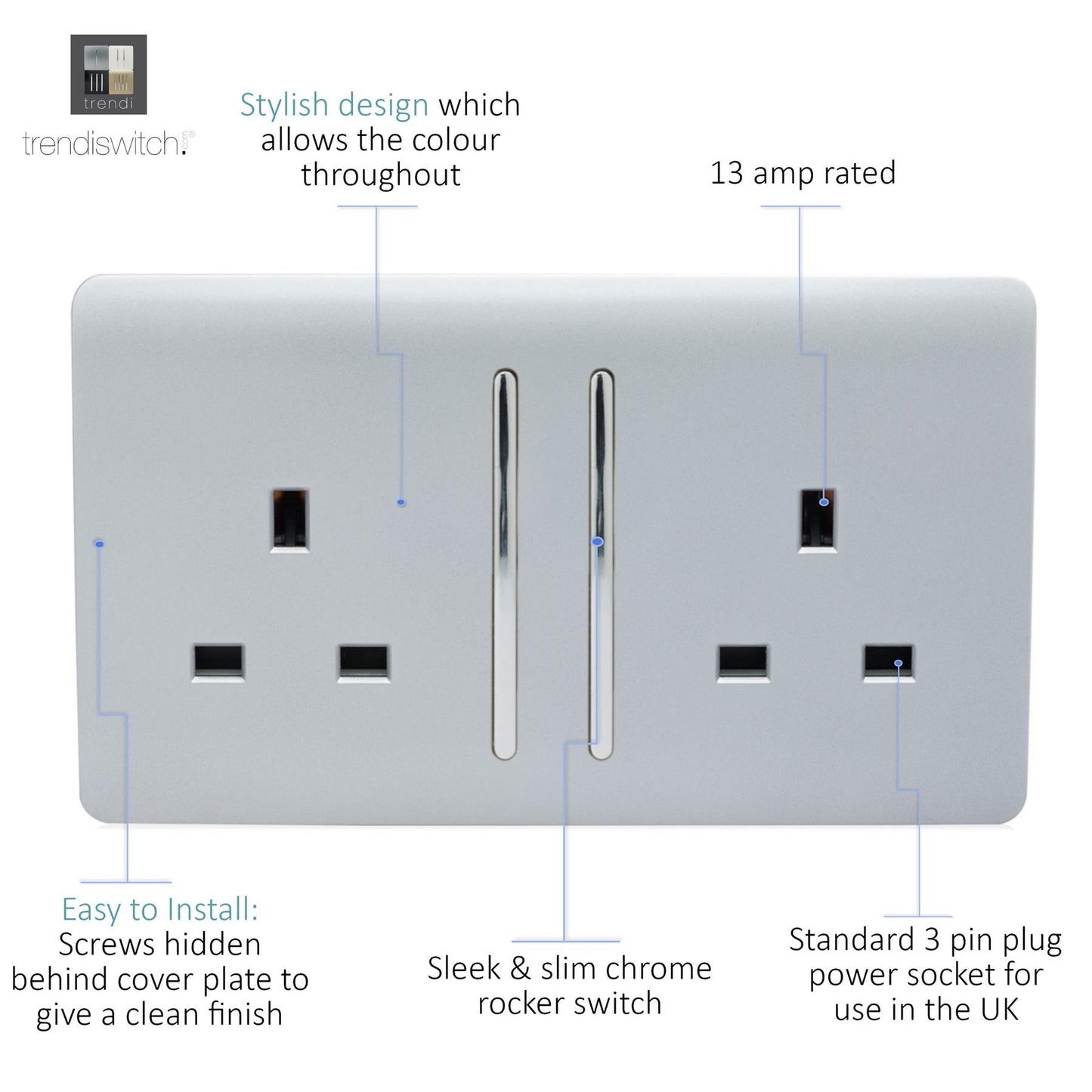 Trendi 2 Gang Artistic Modern Glossy 13 Amp Switched Tactile Plug Socket Silver (3 Pack)
