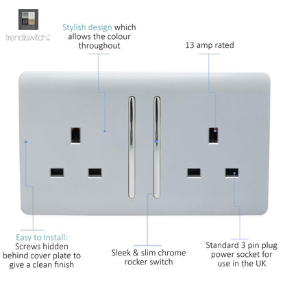 Trendi 2 Gang Artistic Modern Glossy 13 Amp Switched Tactile Plug Socket Silver (3 Pack)