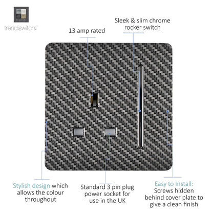 Trendi Switch 1 Gang 13 Amp Switched Modern Designer Plug Socket in Carbon Fibre