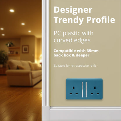 Trendi 2 Gang Raised Artistic Modern Glossy Screwless 13 Amp Single Pole with Chrome Switched UK Standard Electrical Double Wall Plug Socket in Ocean Blue - ART-SKT213LOB
