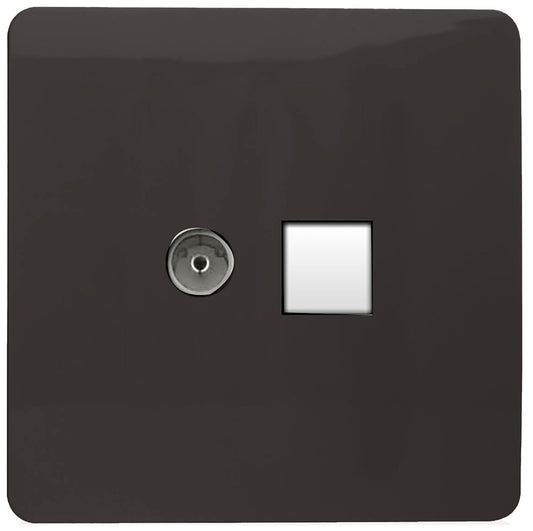 Trendi Artistic Modern Glossy Tactile TV Co-axial Socket + Telephone Socket Dark Brown