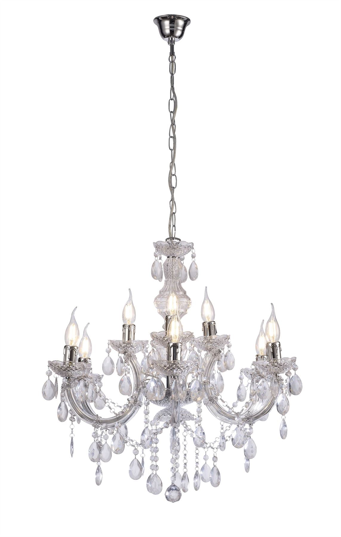 Deco Floria Chandelier with Acrylic Sconce & Acrylic Droplets 6+3 Light E14 Polished Chrome Finish