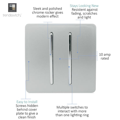 Trendi 2 Gang 3 Way Intermediate Artistic Modern Glossy 10 Amp Rocker Light Switch Silver