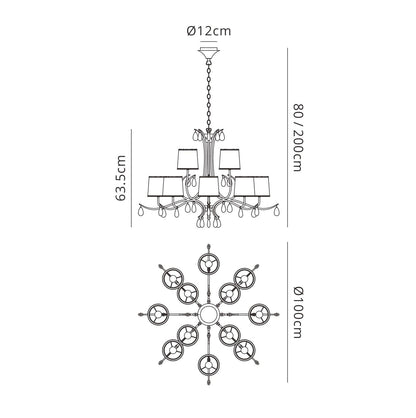 Mantra M6310 Andrea Pendant 100cm Round, 8+4 x E14 (Max 20W), Polished Chrome, White Shades, Black Crystal Droplets