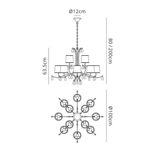 Mantra M6310 Andrea Pendant 100cm Round, 8+4 x E14 (Max 20W), Polished Chrome, White Shades, Black Crystal Droplets