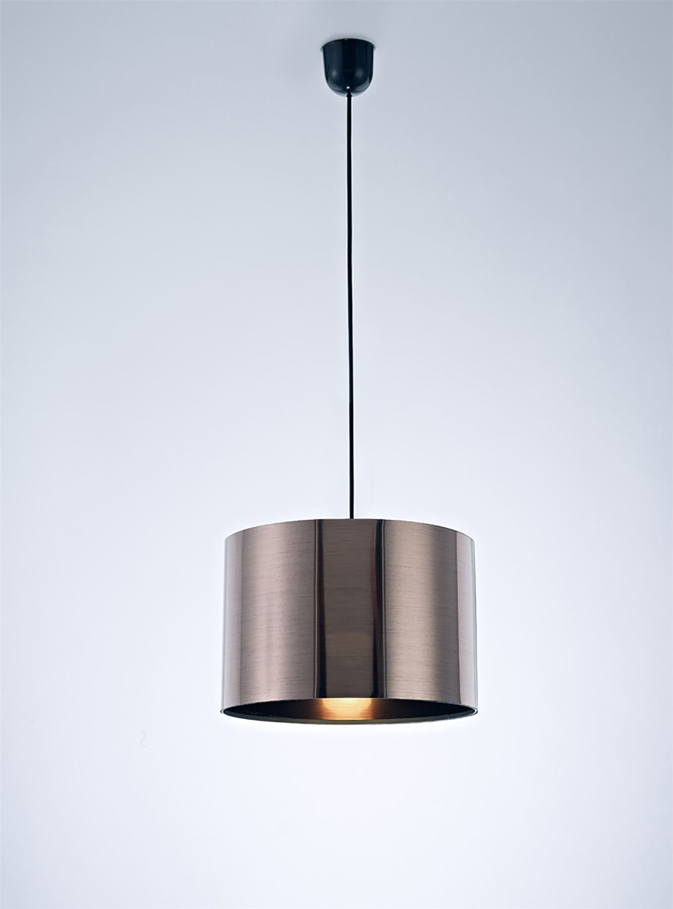 Deco Dako Black Pendant 1 Light E27 with 300 x 200mm Metallic Gun Metal Finish Cylinder Shade, c/w Ceiling Bracket