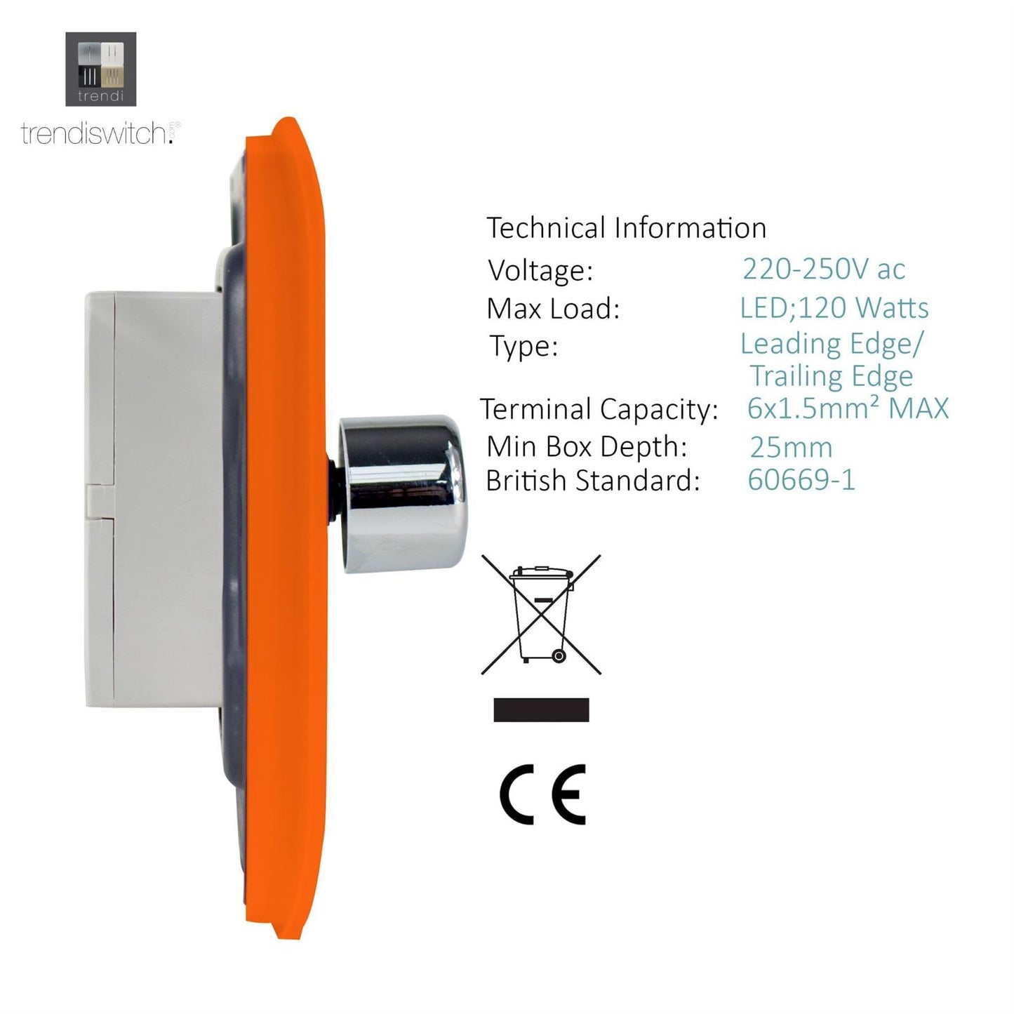 Trendi 2 Gang 2 Way 240V 100w LED Dimmer Screwless Raised Front Plate Plastic Artistic Modern Glossy 10 Amp Chrome Single Electrical Wall Light Switch in Sunset Orange - ART-2LDMOR