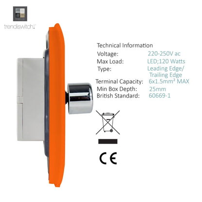 Trendi 2 Gang 2 Way 240V 100w LED Dimmer Screwless Raised Front Plate Plastic Artistic Modern Glossy 10 Amp Chrome Single Electrical Wall Light Switch in Sunset Orange - ART-2LDMOR