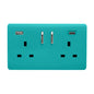 Bright Teal Screwless 2 Gang Switched Double Socket 13A With 1 x USB-A & 1 x USB-C 45W (Shared), (35mm Back Box Req.), 10yrs Warranty