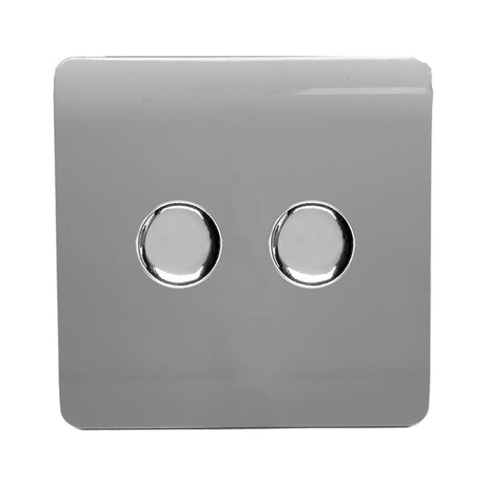 Trendi 2 Gang 2 Way 240V 100w LED Dimmer Screwless Raised Front Plate Plastic Artistic Modern Glossy 10 Amp Chrome Single Electrical Wall Light Switch in Light Grey - ART-2LDMLG