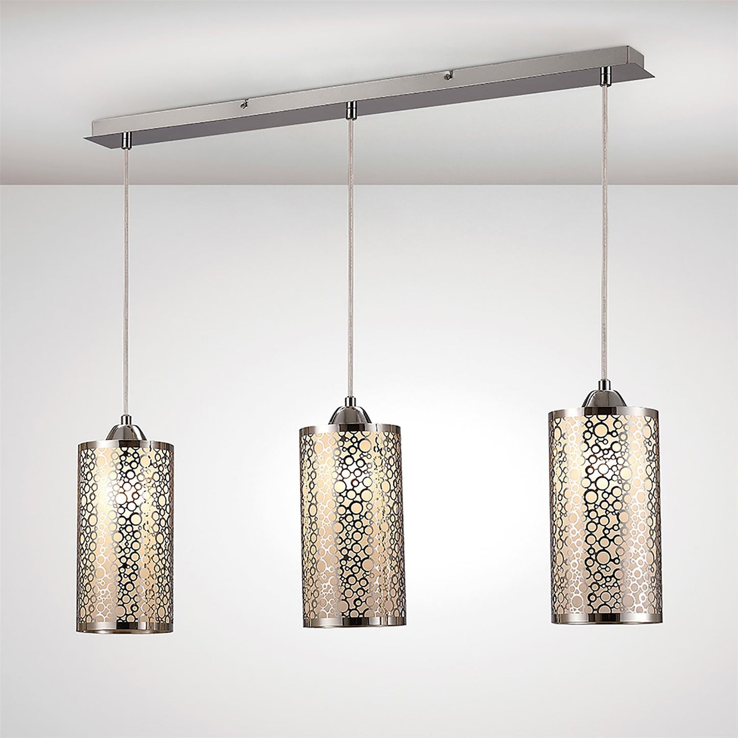 Deco Charon Circle Pattern Pendant 3 Light E27 Linear Polished Chrome