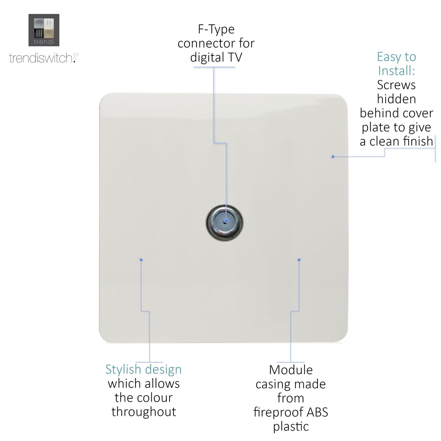 Trendi Switch 1 Gang Male F-Type Satellite Television Socket in Matt White - ART-SATMWH