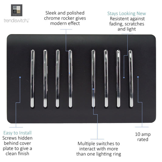 Trendi 8 Gang 2 Way Rocker Matt Black Double Plate Light Switch in Matt Black