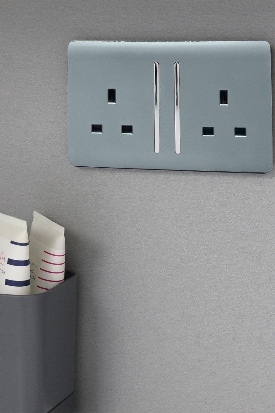 Trendi 2 Gang Raised Artistic Modern Glossy Screwless 13 Amp Single Pole with Chrome Switched UK Standard Electrical Double Wall Plug Socket in Cool Grey - ART-SKT213LCG