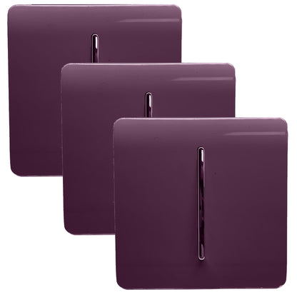 Trendi 1 Gang 2 Way 240V Screwless Artistic Modern Glossy 10 Amp Chrome Rocker Electrical Wall Light Switch in Plum Purple (3 pack)