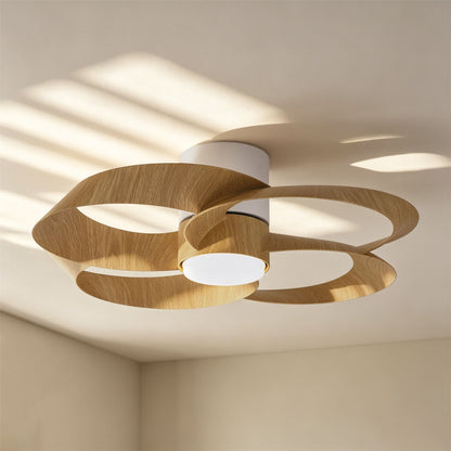 Rose 65cm 24W LED Dimmable Ceiling Light With Built-In 22W DC Reversible Fan, Remote Control 2700-5000K, 2000lm, White/Wood