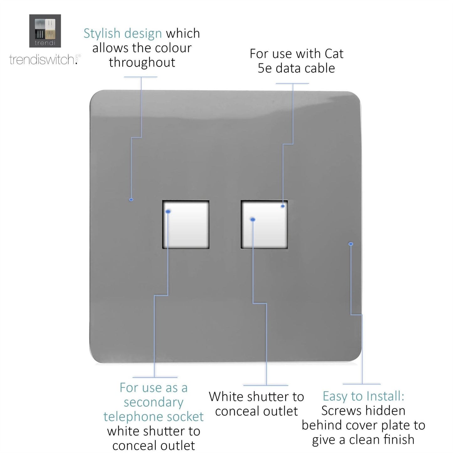 Trendi Artistic Modern Glossy Tactile Telephone Socket + Cat 5e&Cat 6 RJ45 PC Socket Light Grey