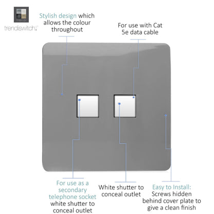 Trendi Artistic Modern Glossy Tactile Telephone Socket + Cat 5e&Cat 6 RJ45 PC Socket Light Grey