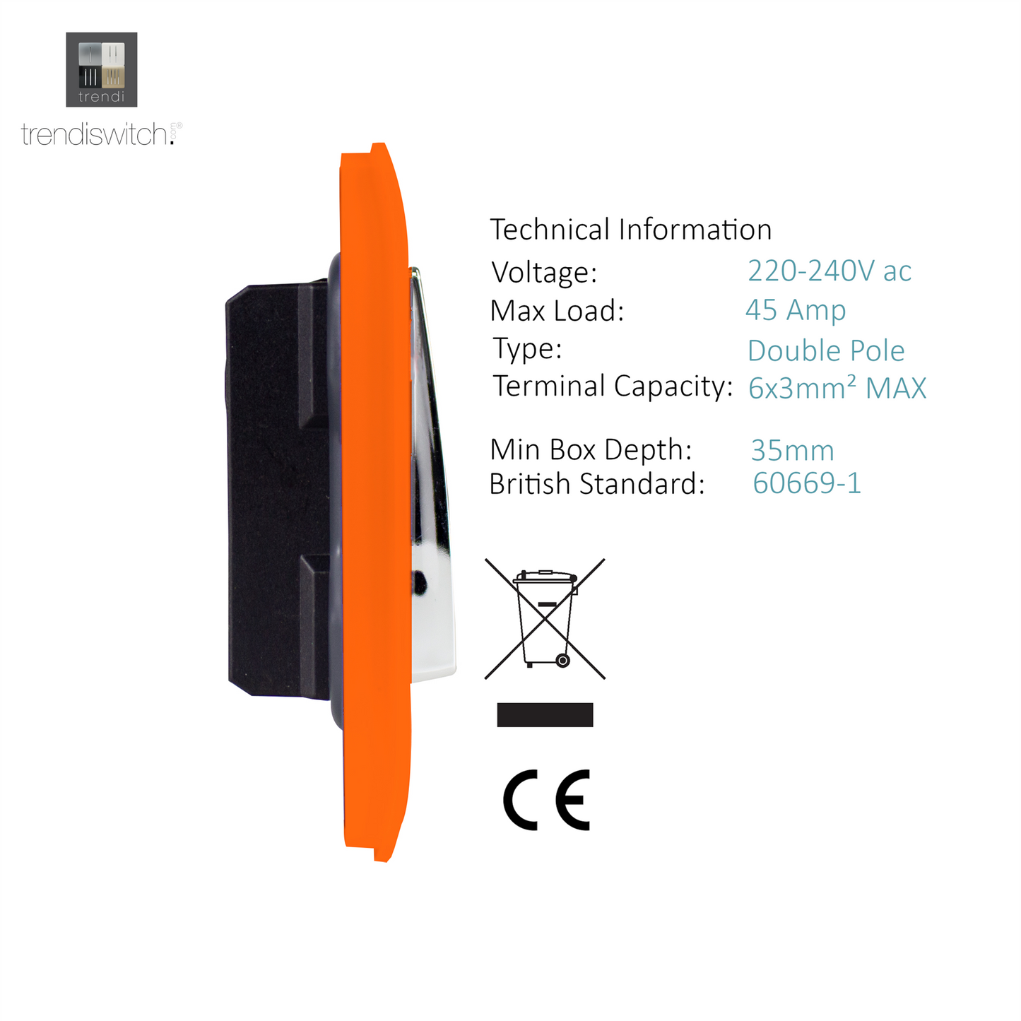 Trendi Artistic Modern Glossy 45 A Tactile Light Switch & Neon Insert Orange