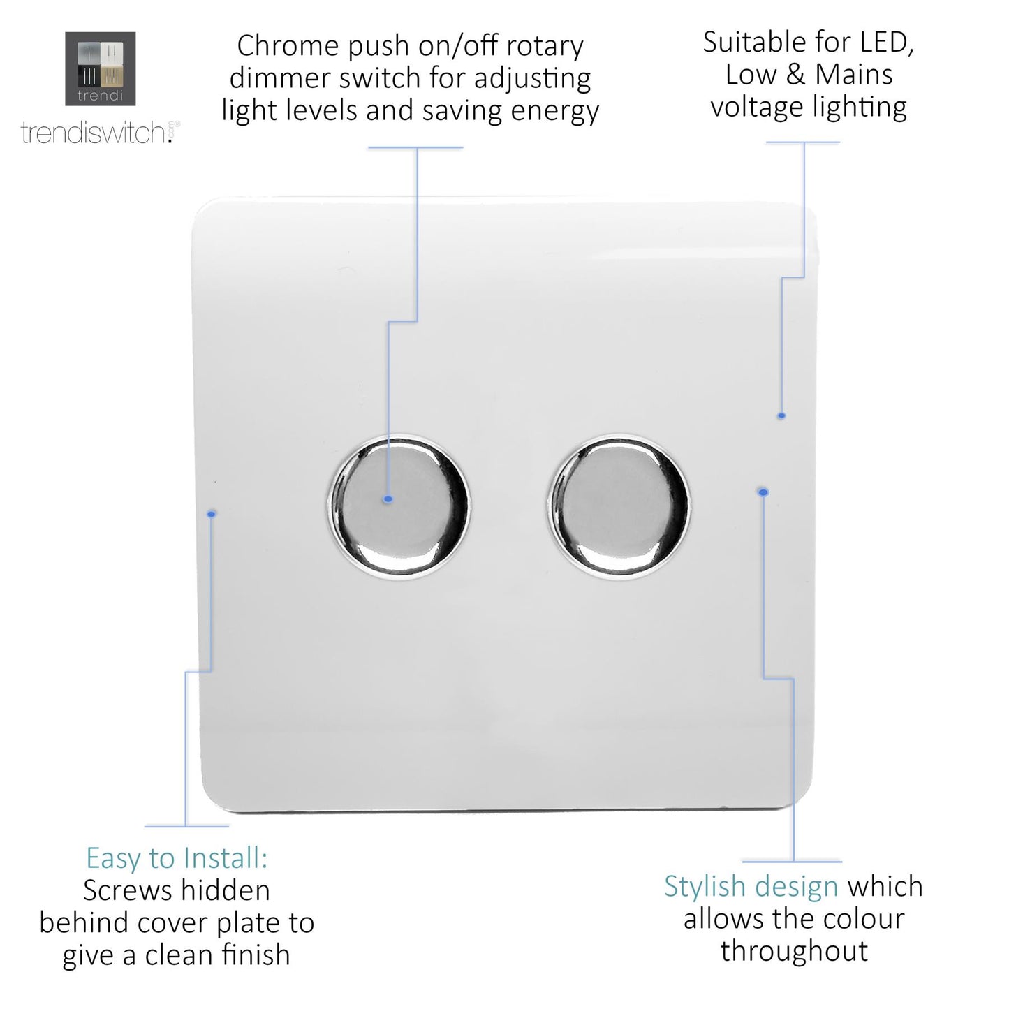 Trendi 2 Gang 2 Way 100w LED Dimmer Screwless 10 Amp Wall Light Switch in Matt White - ART-2LDMMWH