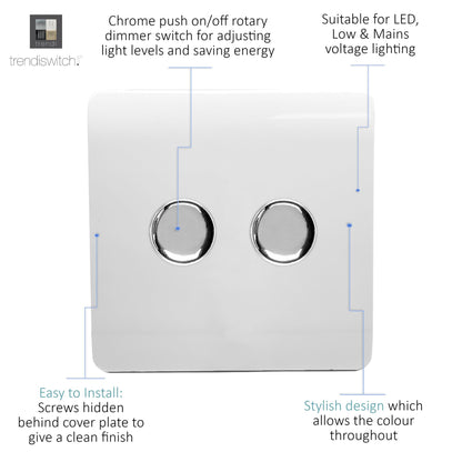Trendi 2 Gang 2 Way 100w LED Dimmer Screwless 10 Amp Wall Light Switch in Matt White - ART-2LDMMWH