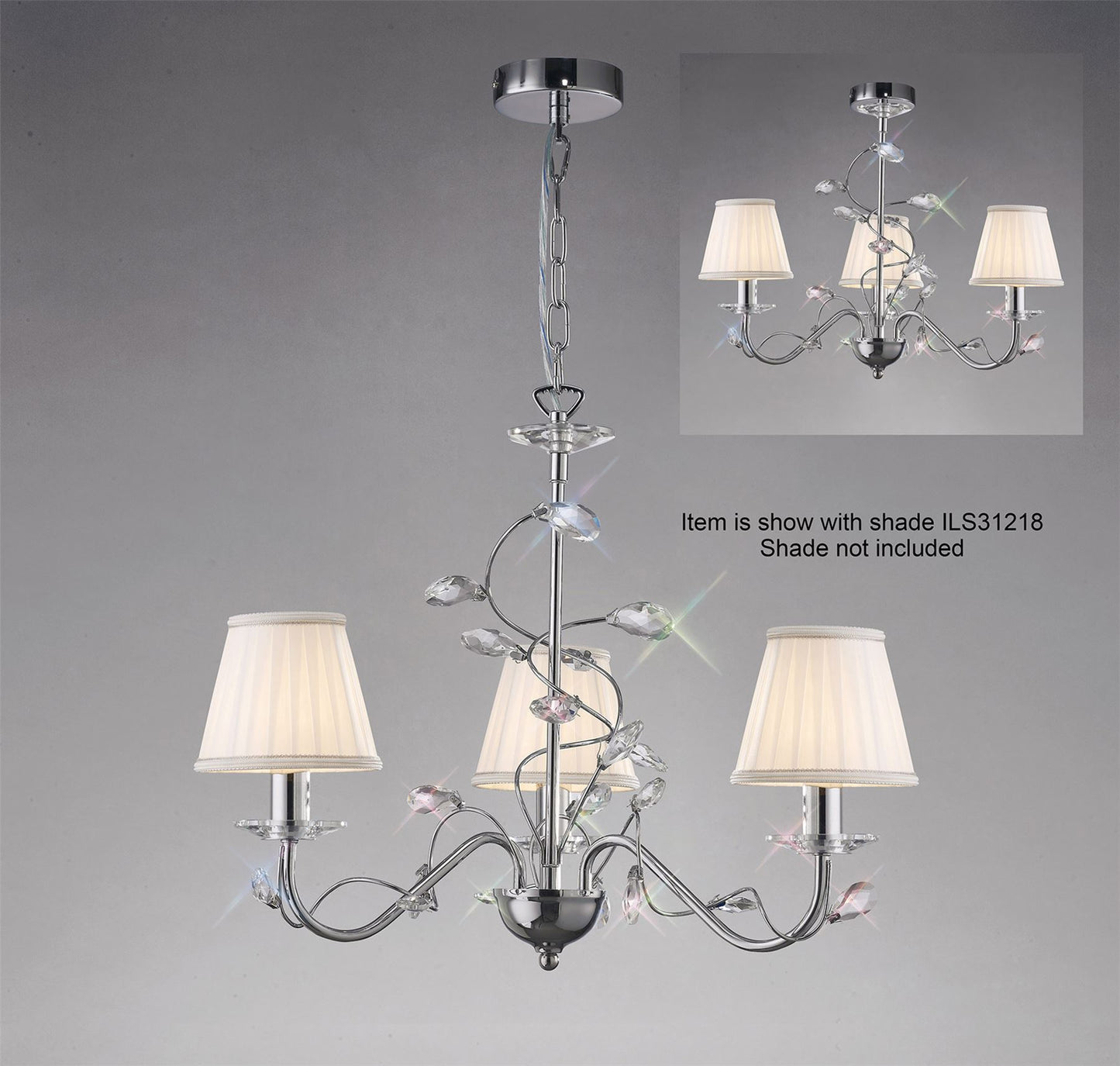 Diyas Willow 50cm  WITHOUT SHADE 3 Light E14 Polished Chrome/Crystal Ceiling Pendant Light Fitting
