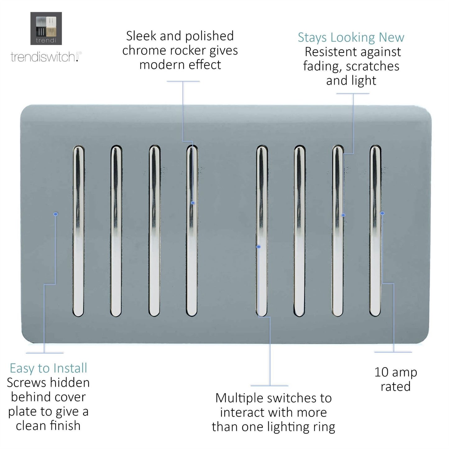Trendi Artistic Modern Glossy 8 Gang 2 Way Rocker  Double Plate Tactile Light Switch Cool Grey