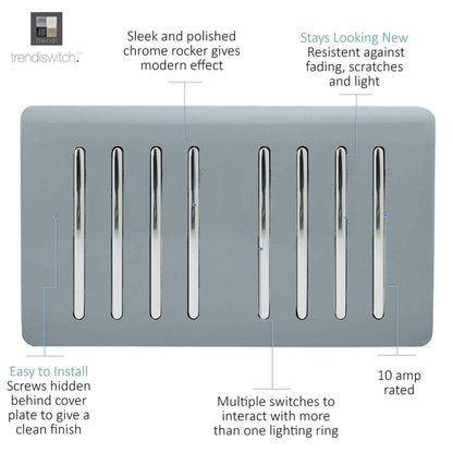Trendi Artistic Modern Glossy 8 Gang 2 Way Rocker  Double Plate Tactile Light Switch Cool Grey