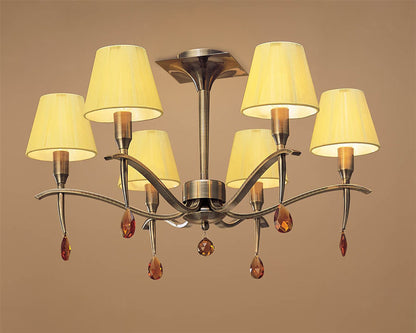 Mantra Siena 63cm Semi Flush Round 6 Light E14, Antique Brass with Amber Cream Shades and Amber Crystal