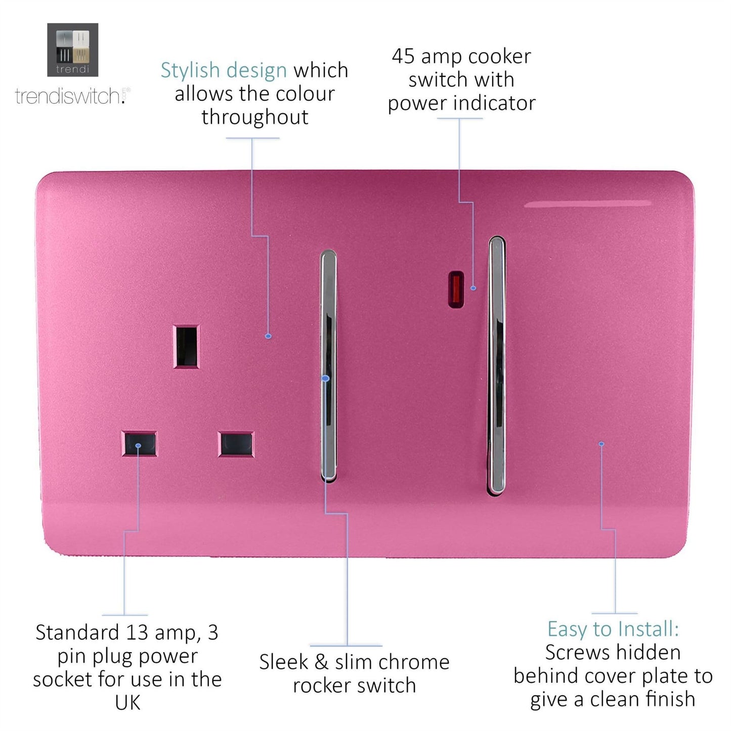 Trendi Artistic Modern Glossy 45 A Cooker Switch & Plug Socket Inc Neon Insert Pink