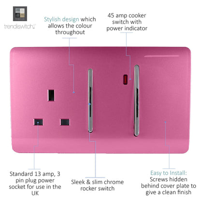 Trendi Artistic Modern Glossy 45 A Cooker Switch & Plug Socket Inc Neon Insert Pink