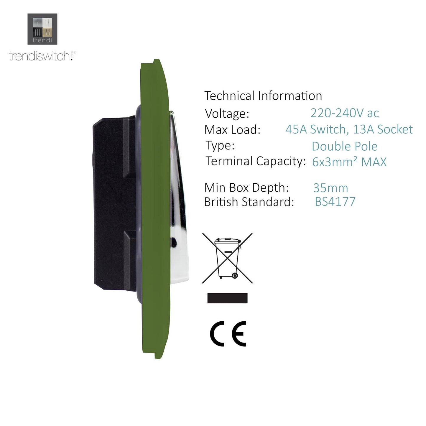 Trendi Artistic Modern Glossy 45 A Cooker Switch & Plug Socket Inc Neon Insert Moss Green