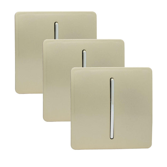 Trendi 1 Gang 2 Way 240V Screwless Artistic Modern Glossy 10 Amp Chrome Rocker Electrical Wall Light Switch in Champagne Gold (3 pack)