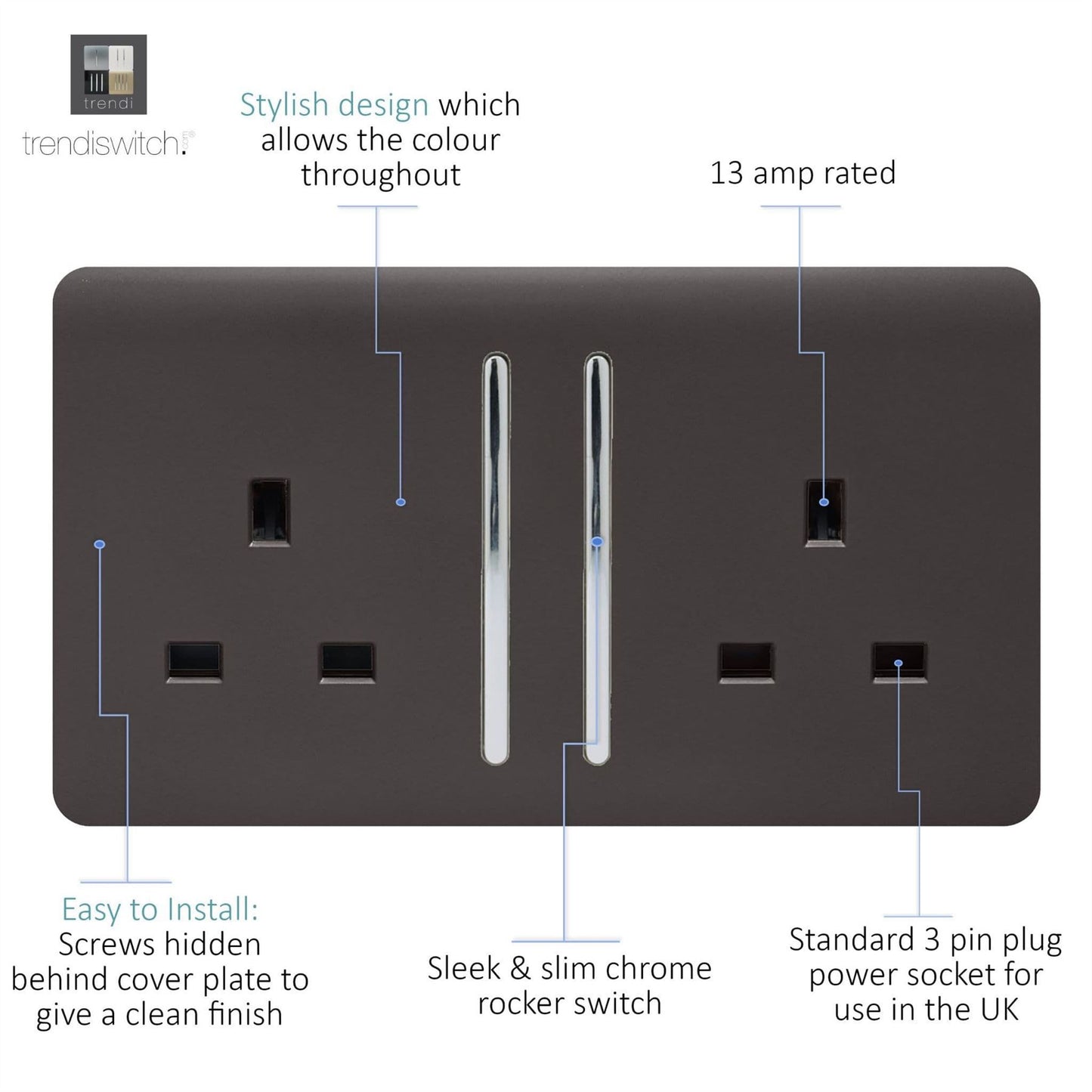 Trendi 2 Gang Raised Artistic Modern Glossy Screwless 13 Amp Single Pole with Chrome Switched UK Standard Electrical Double Wall Plug Socket in Dark Mocha Brown - ART-SKT213LDB