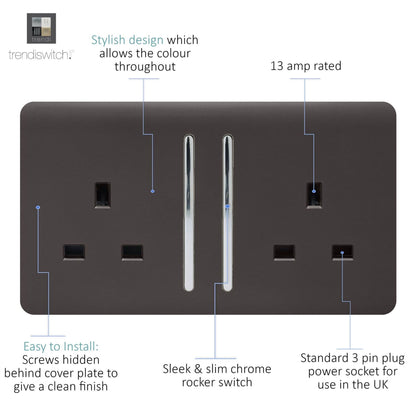 Trendi 2 Gang Raised Artistic Modern Glossy Screwless 13 Amp Single Pole with Chrome Switched UK Standard Electrical Double Wall Plug Socket in Dark Mocha Brown - ART-SKT213LDB