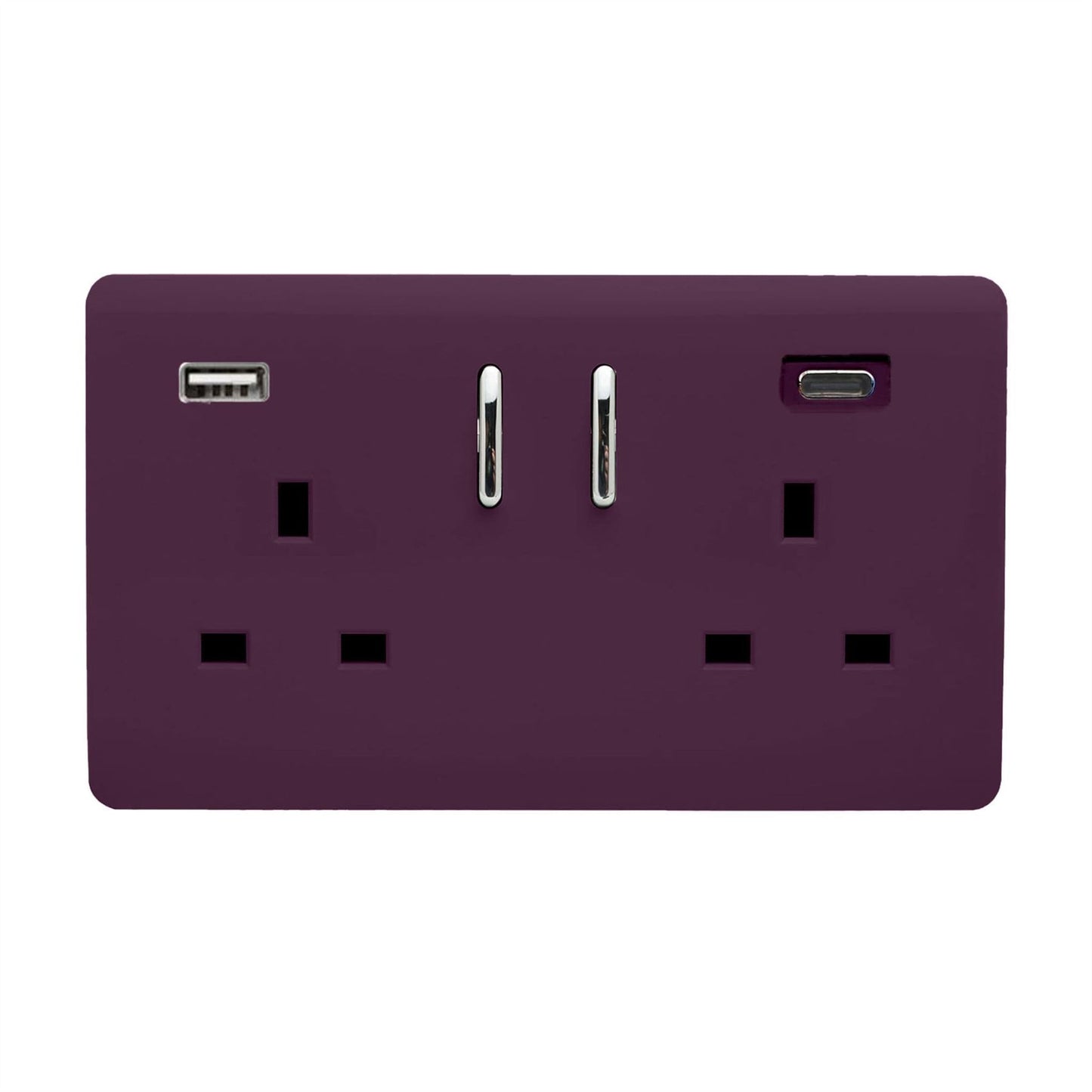 Trendi 2 Gang Artistic Modern Glossy 13 Amp 2 x Type A & C 3100mA USB Switched Plug Socket Plum Purple