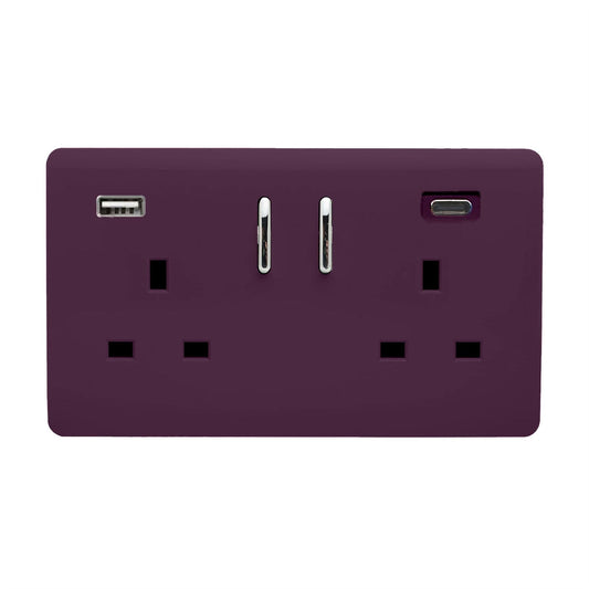 Trendi 2 Gang Artistic Modern Glossy 13 Amp 2 x Type A & C 3100mA USB Switched Plug Socket Plum Purple